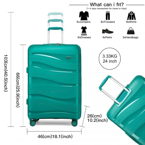 Kono 24 Inch Lightweight Polypropylene Hard Shell Suitcase with TSA Lock - Teal | Durable Travel Luggage