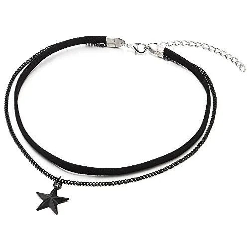 Ladies Womens Two-Rows Black Choker Necklace with Black Chain and Pentagram Star Charm Pendant