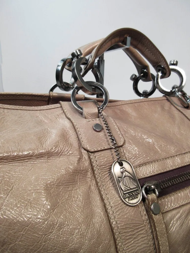 LANVIN Patent Taupe Carry All Handbag with Silver Hardware