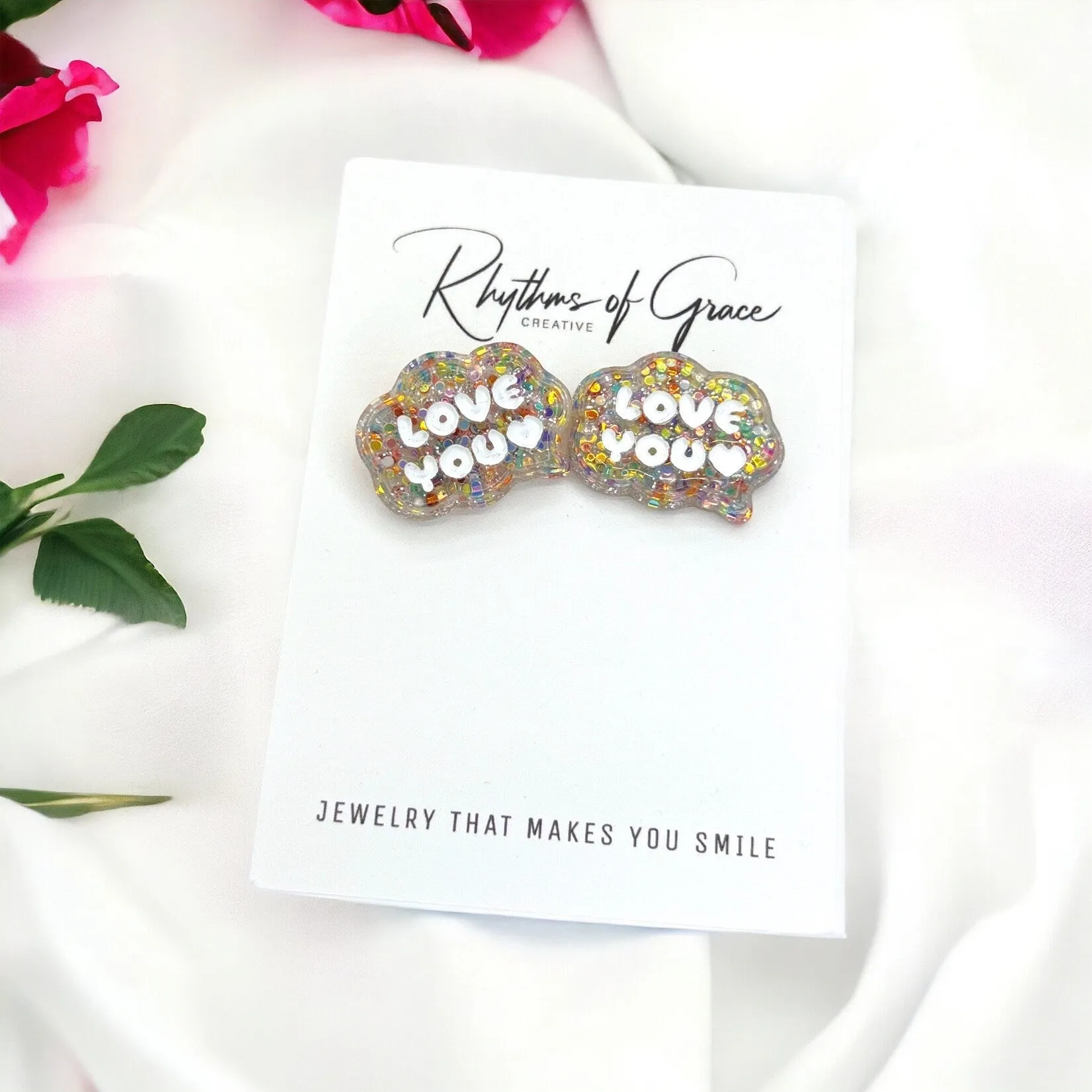 Love You Studs - Heart Earrings, Stud Earrings, Mardi Gras Glitter, Birthday Studs, Handmade Earrings, Valentine Earrings, Valentine Studs