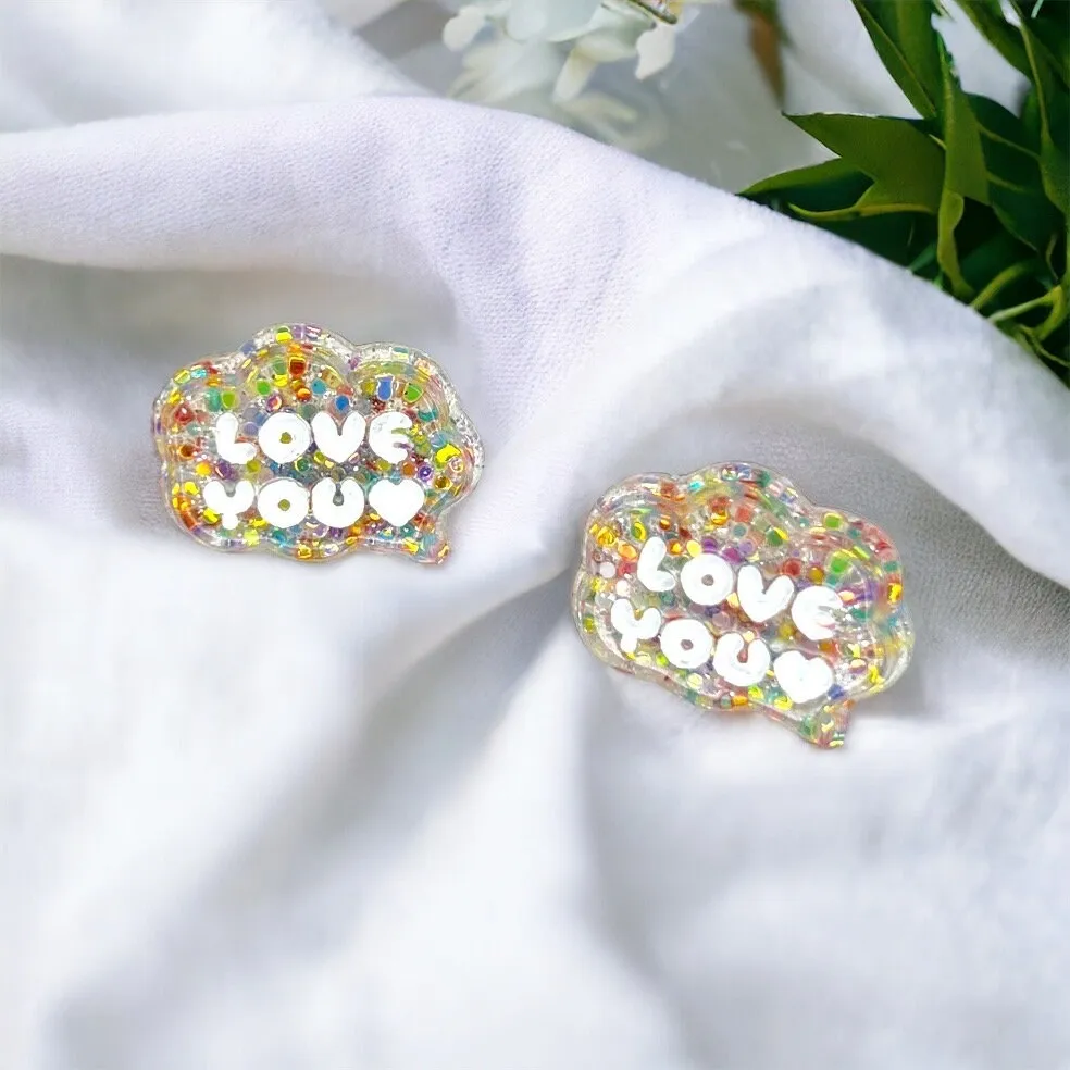 Love You Studs - Heart Earrings, Stud Earrings, Mardi Gras Glitter, Birthday Studs, Handmade Earrings, Valentine Earrings, Valentine Studs