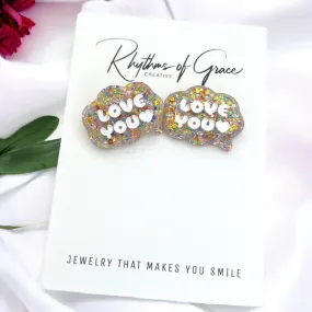 Love You Studs - Heart Earrings, Stud Earrings, Mardi Gras Glitter, Birthday Studs, Handmade Earrings, Valentine Earrings, Valentine Studs