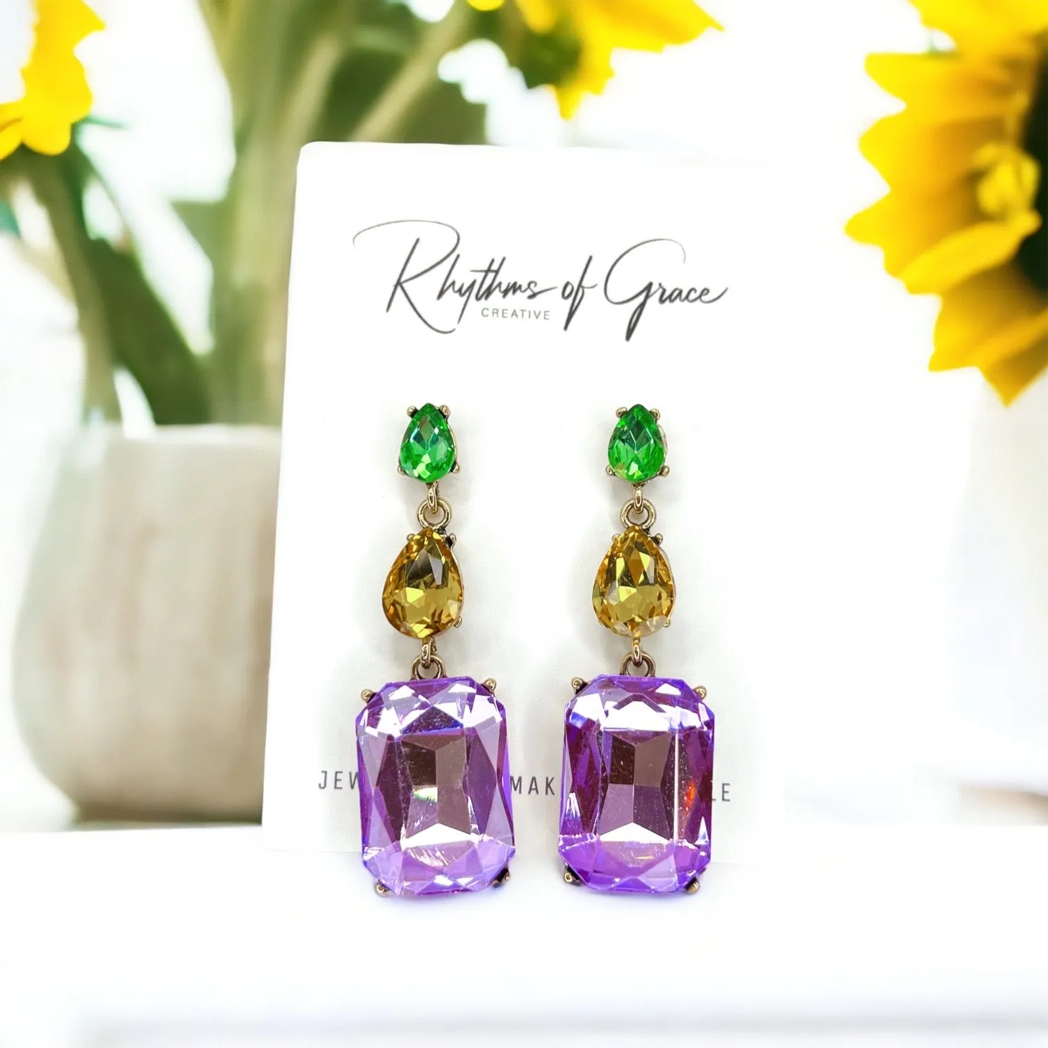 Mardi Gras Earrings - Mardi Gras Ball, Rhinestone Earrings, New Orleans, NOLA, Purple Green Gold, Mardi Gras Jewelry, Parade Outfit