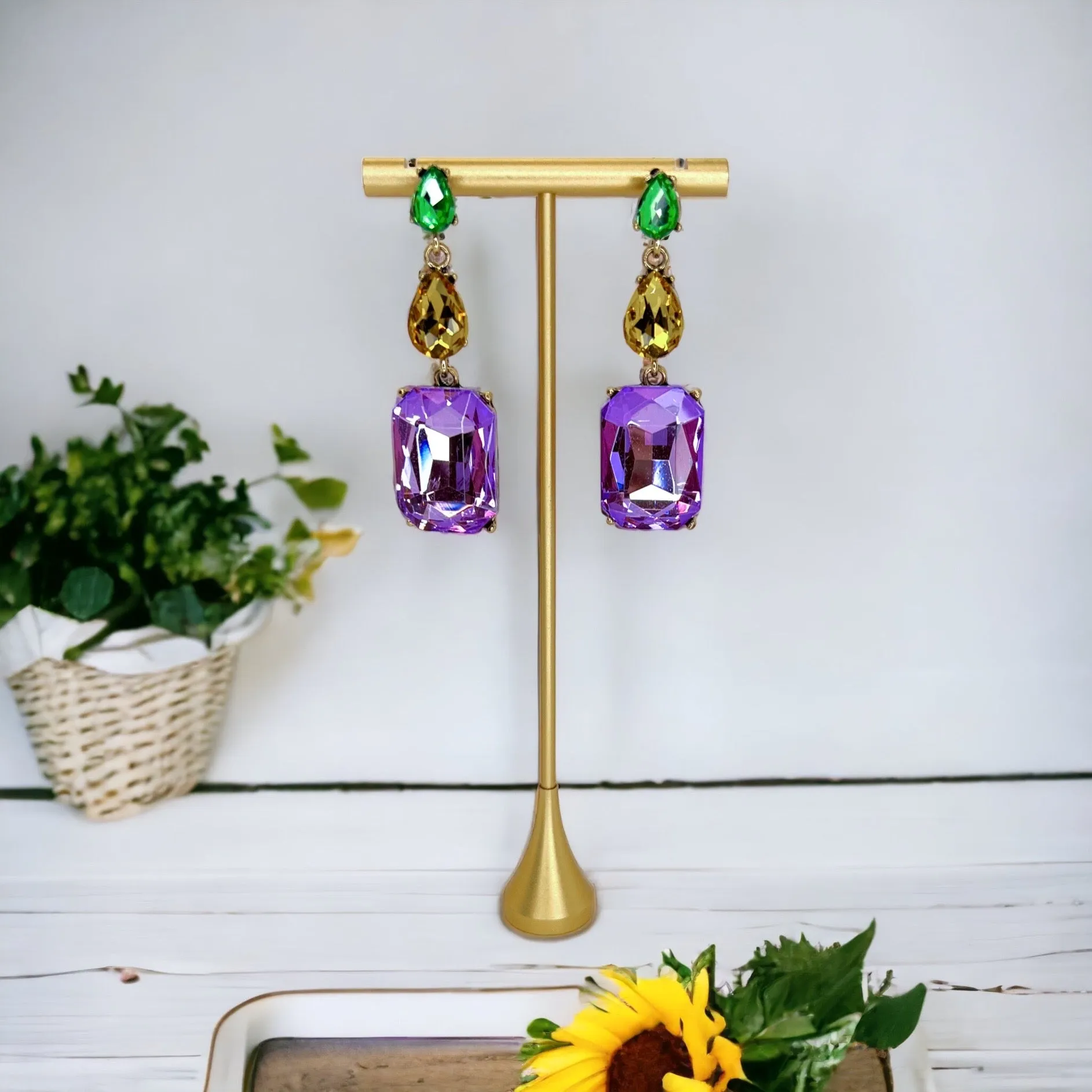 Mardi Gras Earrings - Mardi Gras Ball, Rhinestone Earrings, New Orleans, NOLA, Purple Green Gold, Mardi Gras Jewelry, Parade Outfit