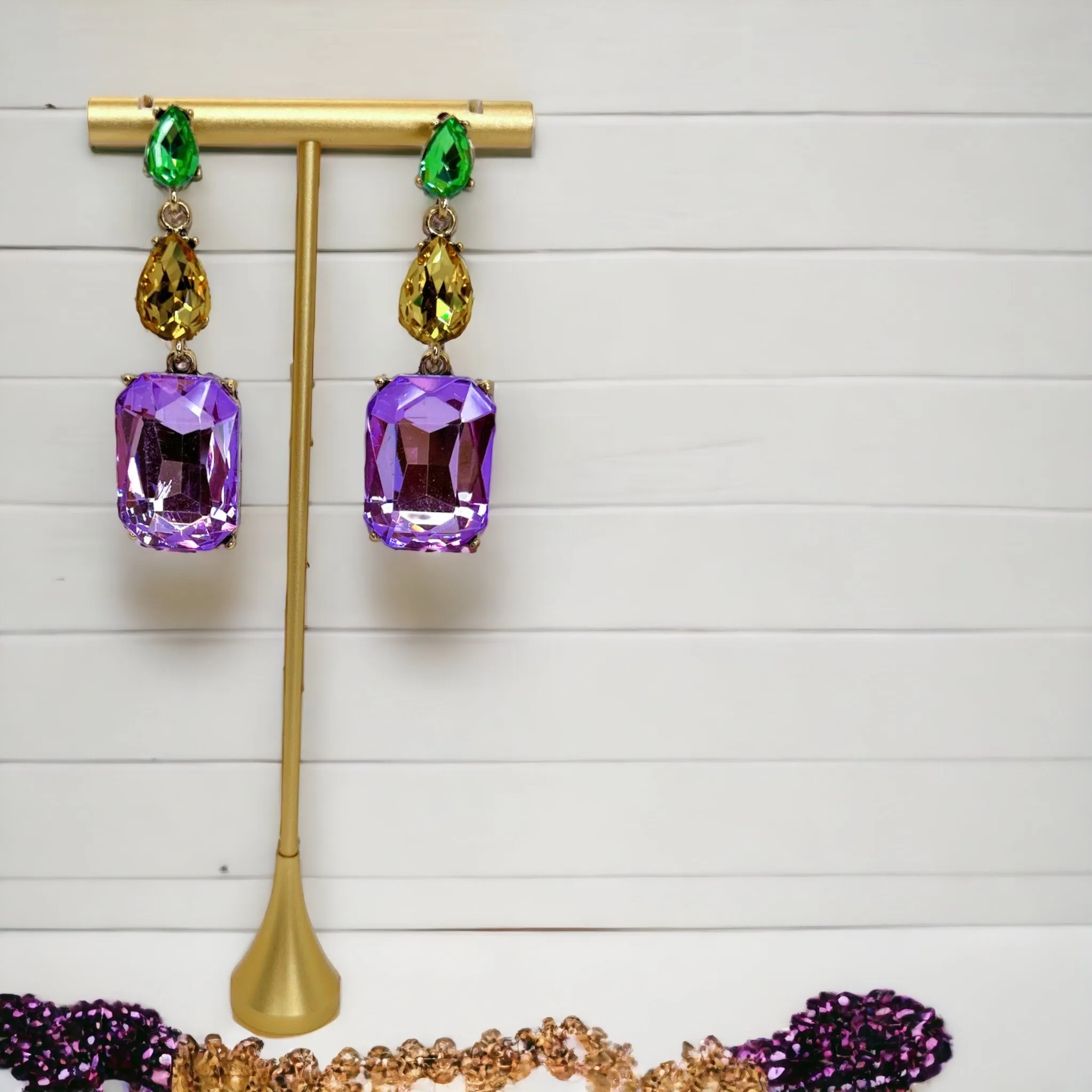 Mardi Gras Earrings - Mardi Gras Ball, Rhinestone Earrings, New Orleans, NOLA, Purple Green Gold, Mardi Gras Jewelry, Parade Outfit