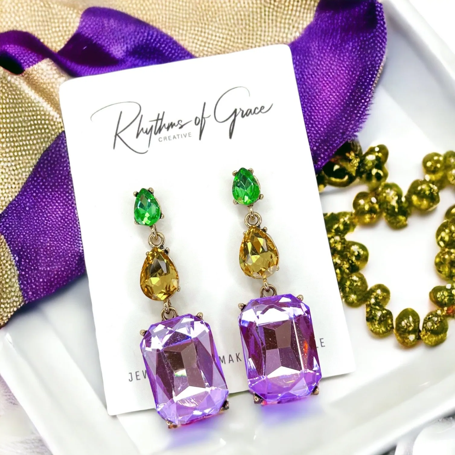 Mardi Gras Earrings - Mardi Gras Ball, Rhinestone Earrings, New Orleans, NOLA, Purple Green Gold, Mardi Gras Jewelry, Parade Outfit