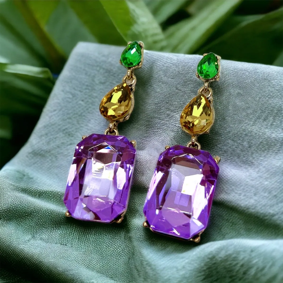 Mardi Gras Earrings - Mardi Gras Ball, Rhinestone Earrings, New Orleans, NOLA, Purple Green Gold, Mardi Gras Jewelry, Parade Outfit