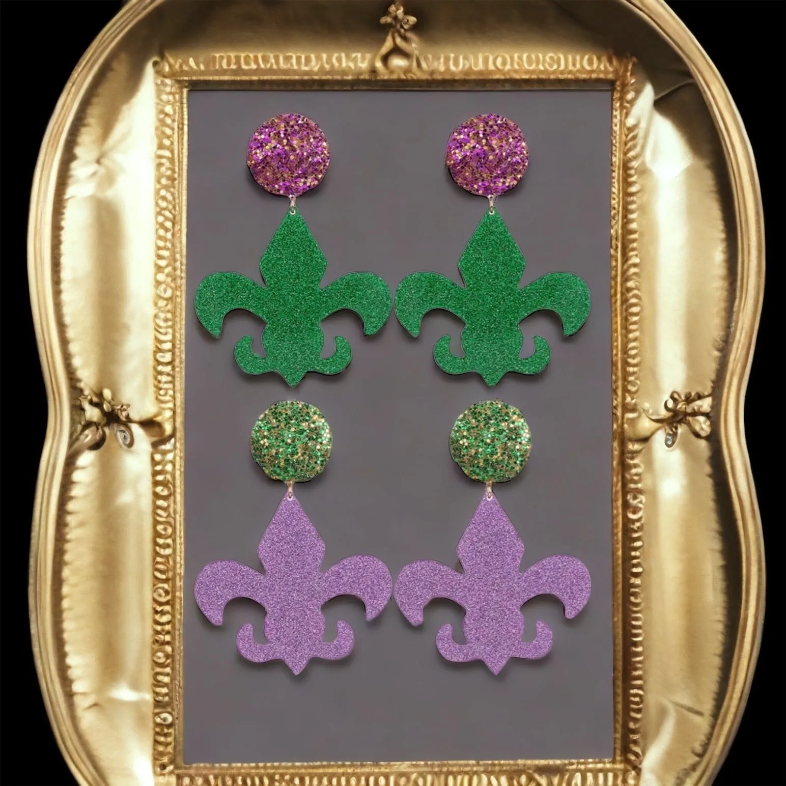 Mardi Gras Earrings - New Orleans Jewelry, Mardi Gras Jewelry, Fleur de lis Earrings, Purple Green Gold, Glitter Earrings, Beaded Earrings