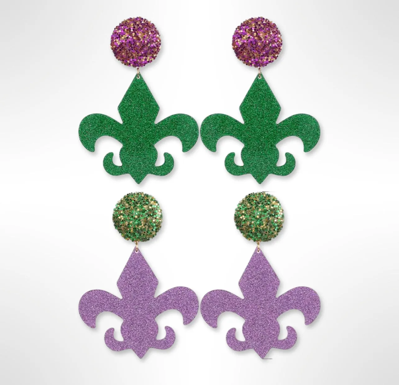 Mardi Gras Earrings - New Orleans Jewelry, Mardi Gras Jewelry, Fleur de lis Earrings, Purple Green Gold, Glitter Earrings, Beaded Earrings