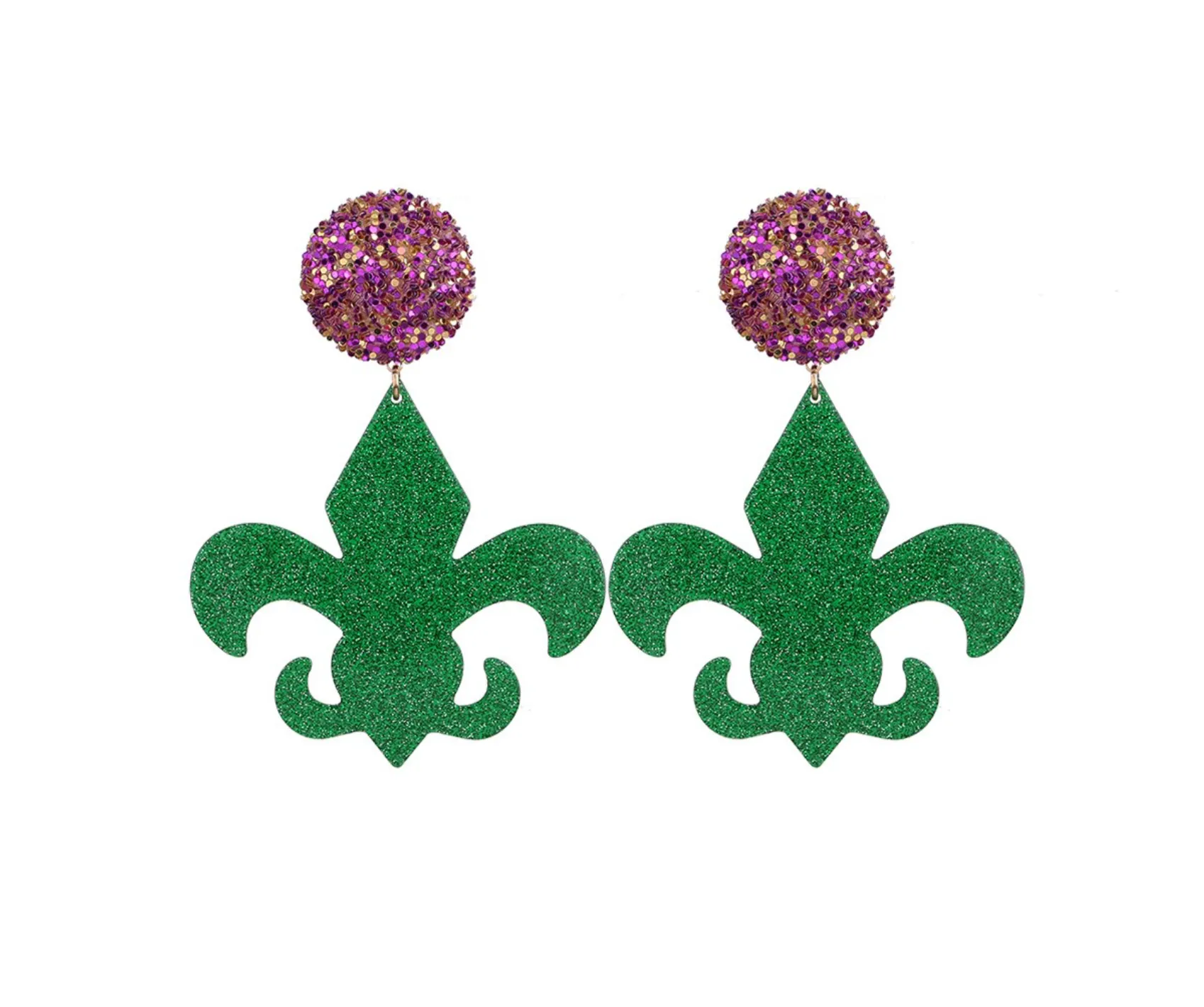 Mardi Gras Earrings - New Orleans Jewelry, Mardi Gras Jewelry, Fleur de lis Earrings, Purple Green Gold, Glitter Earrings, Beaded Earrings