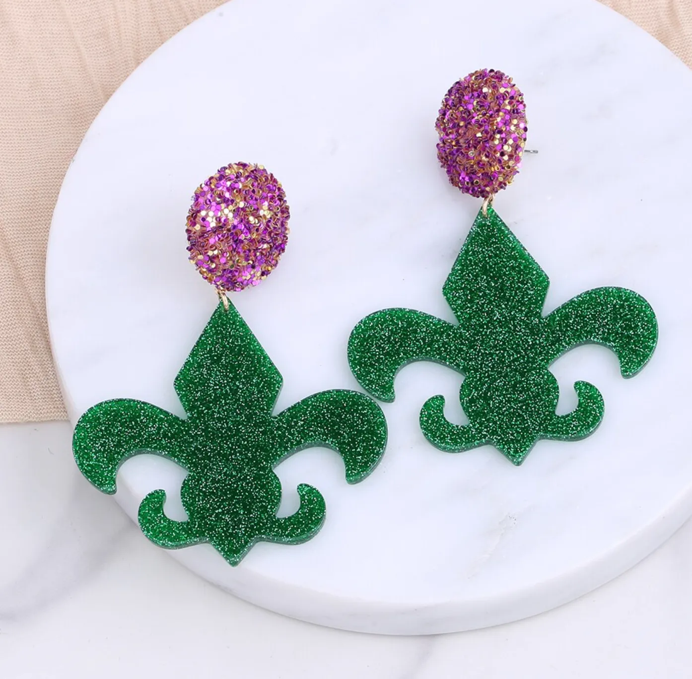 Mardi Gras Earrings - New Orleans Jewelry, Mardi Gras Jewelry, Fleur de lis Earrings, Purple Green Gold, Glitter Earrings, Beaded Earrings