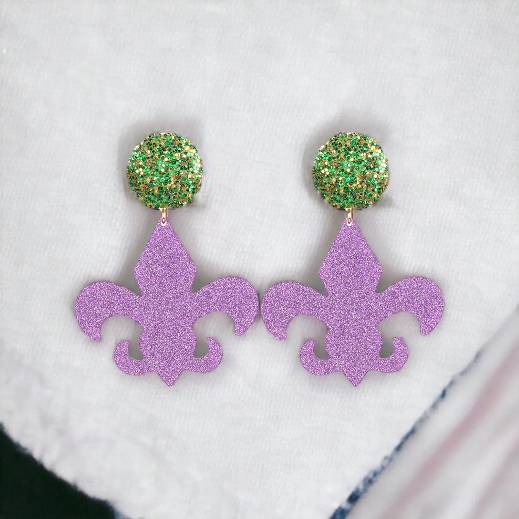 Mardi Gras Earrings - New Orleans Jewelry, Mardi Gras Jewelry, Fleur de lis Earrings, Purple Green Gold, Glitter Earrings, Beaded Earrings