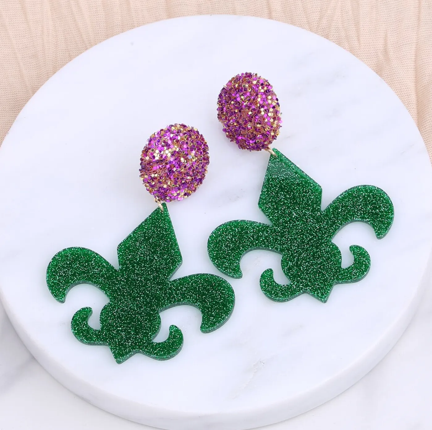 Mardi Gras Earrings - New Orleans Jewelry, Mardi Gras Jewelry, Fleur de lis Earrings, Purple Green Gold, Glitter Earrings, Beaded Earrings