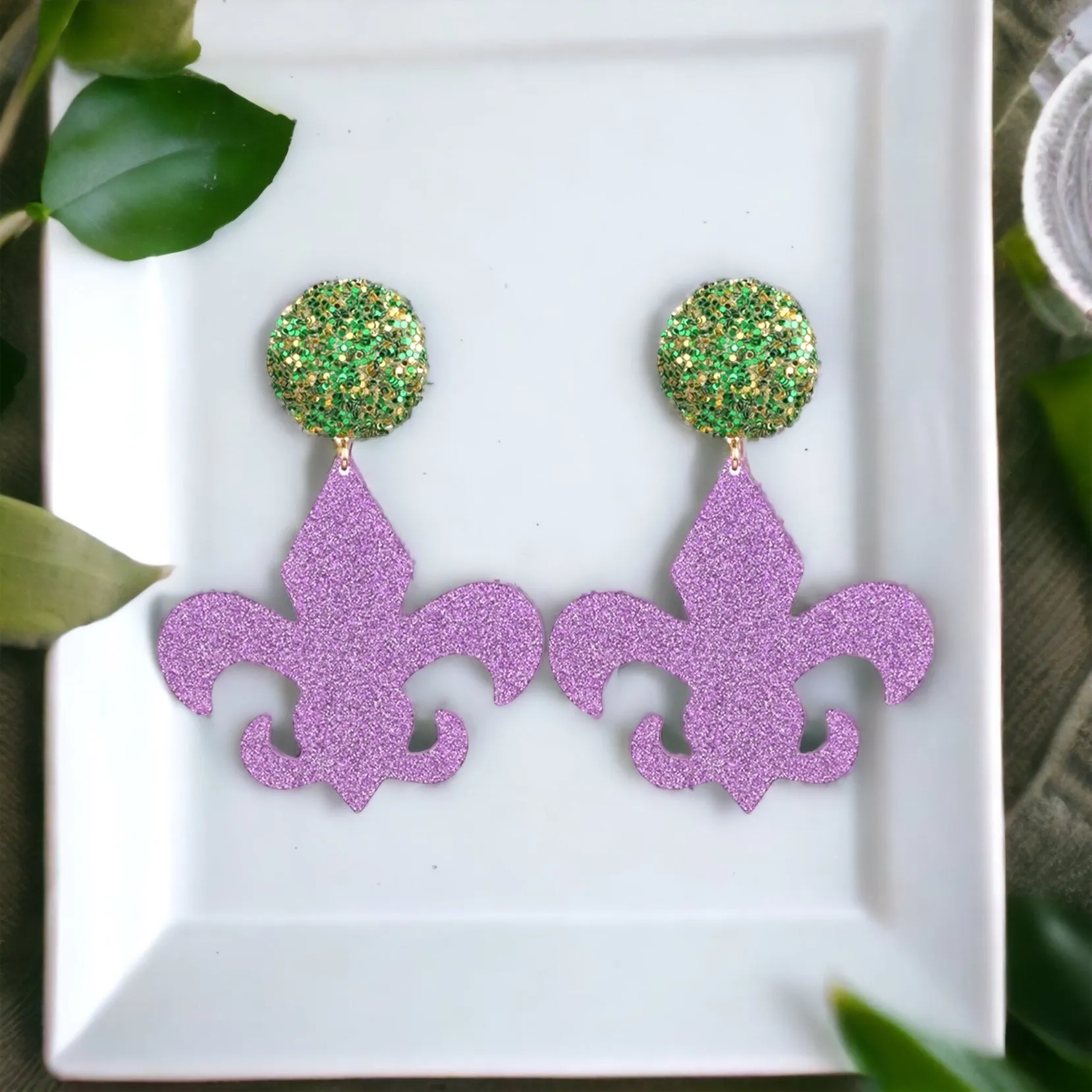 Mardi Gras Earrings - New Orleans Jewelry, Mardi Gras Jewelry, Fleur de lis Earrings, Purple Green Gold, Glitter Earrings, Beaded Earrings