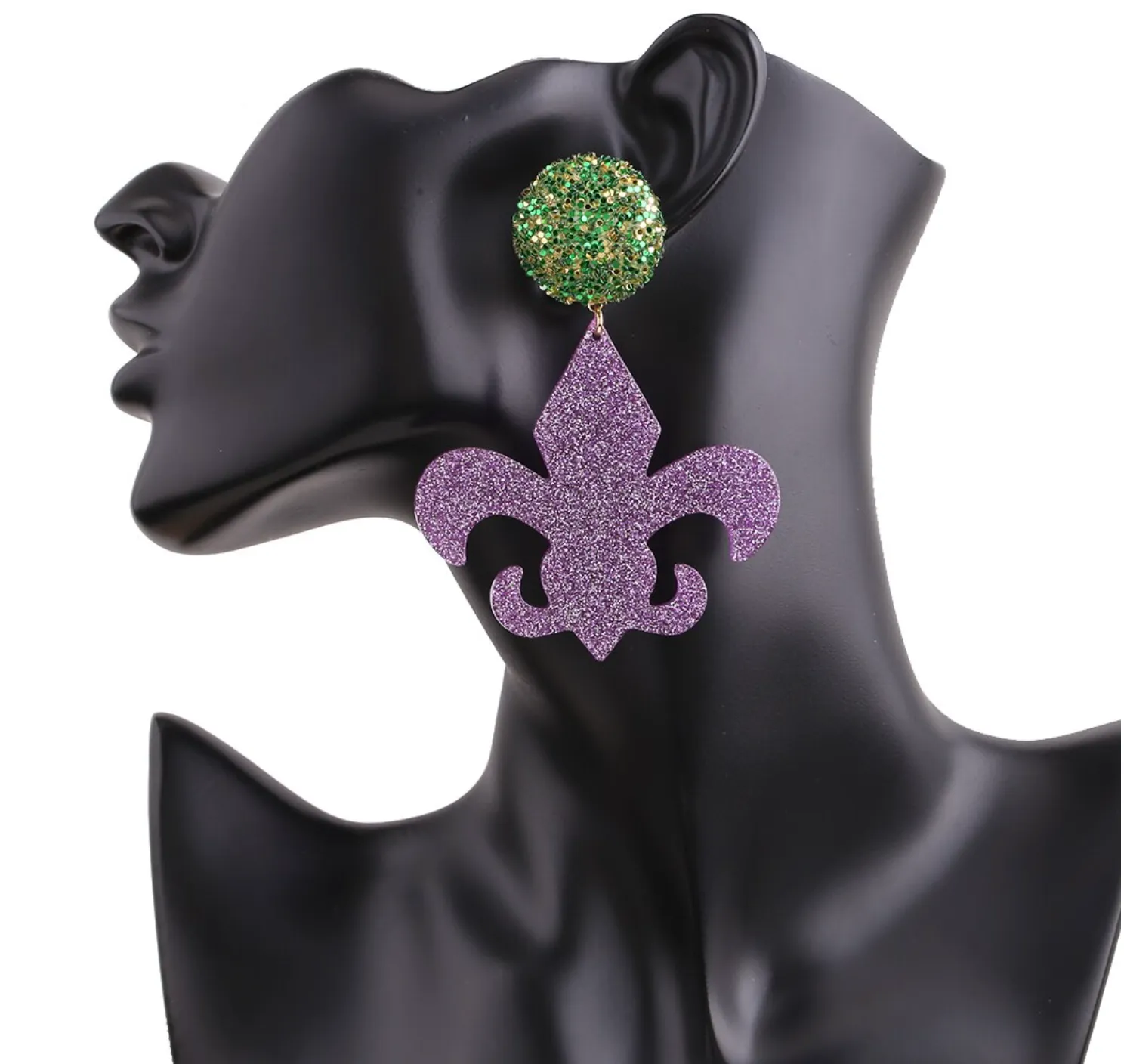 Mardi Gras Earrings - New Orleans Jewelry, Mardi Gras Jewelry, Fleur de lis Earrings, Purple Green Gold, Glitter Earrings, Beaded Earrings