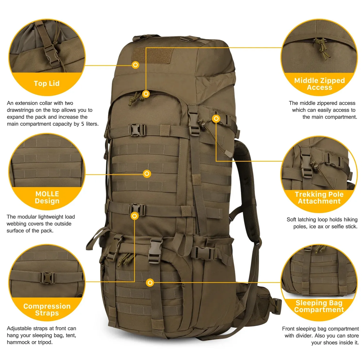 Mardingtop 65L Molle Hiking Internal Frame Backpacks with Rain Cover