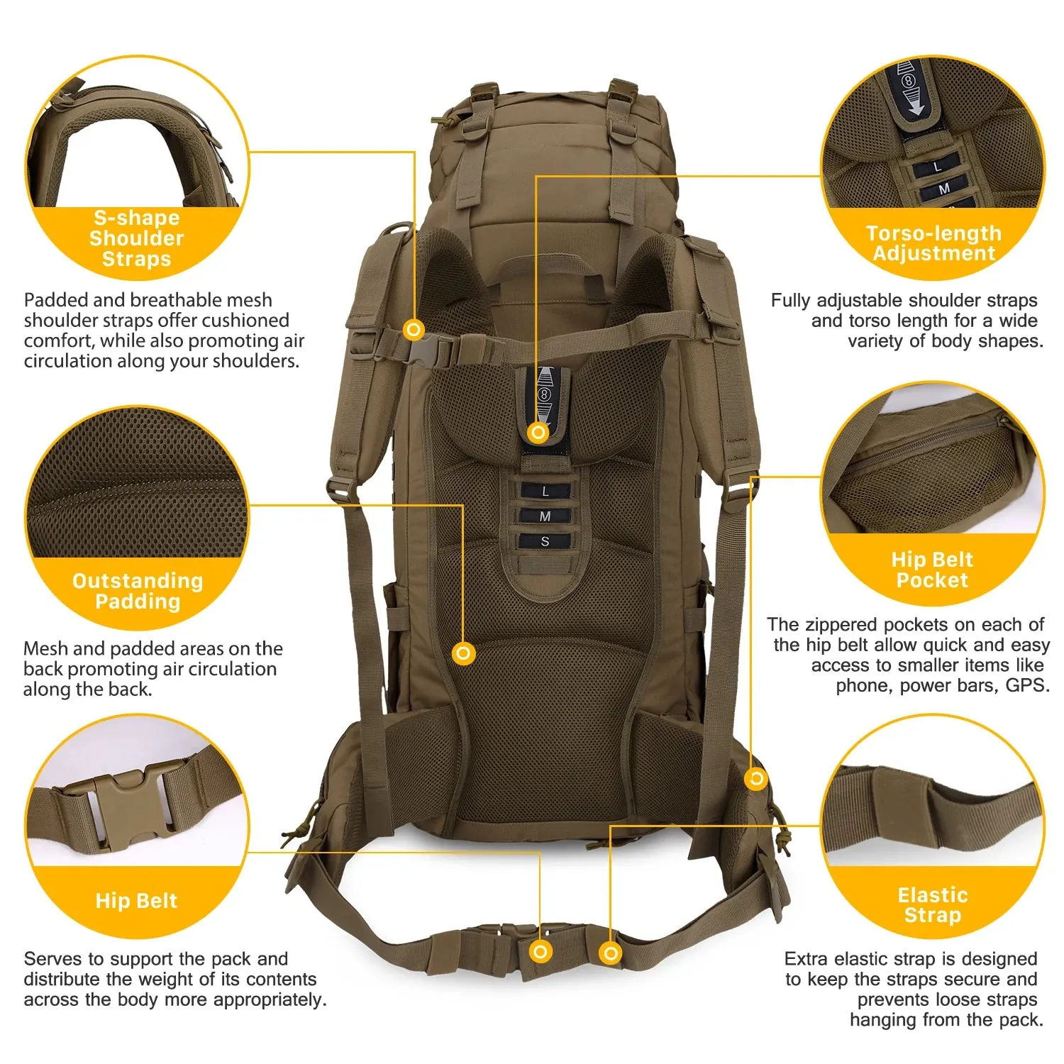 Mardingtop 65L Molle Hiking Internal Frame Backpacks with Rain Cover