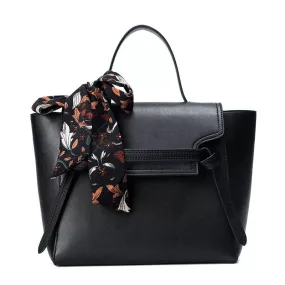 MILANIA BLACK HANDBAG PU LEATHER WITH SILK SCARF HANDLE