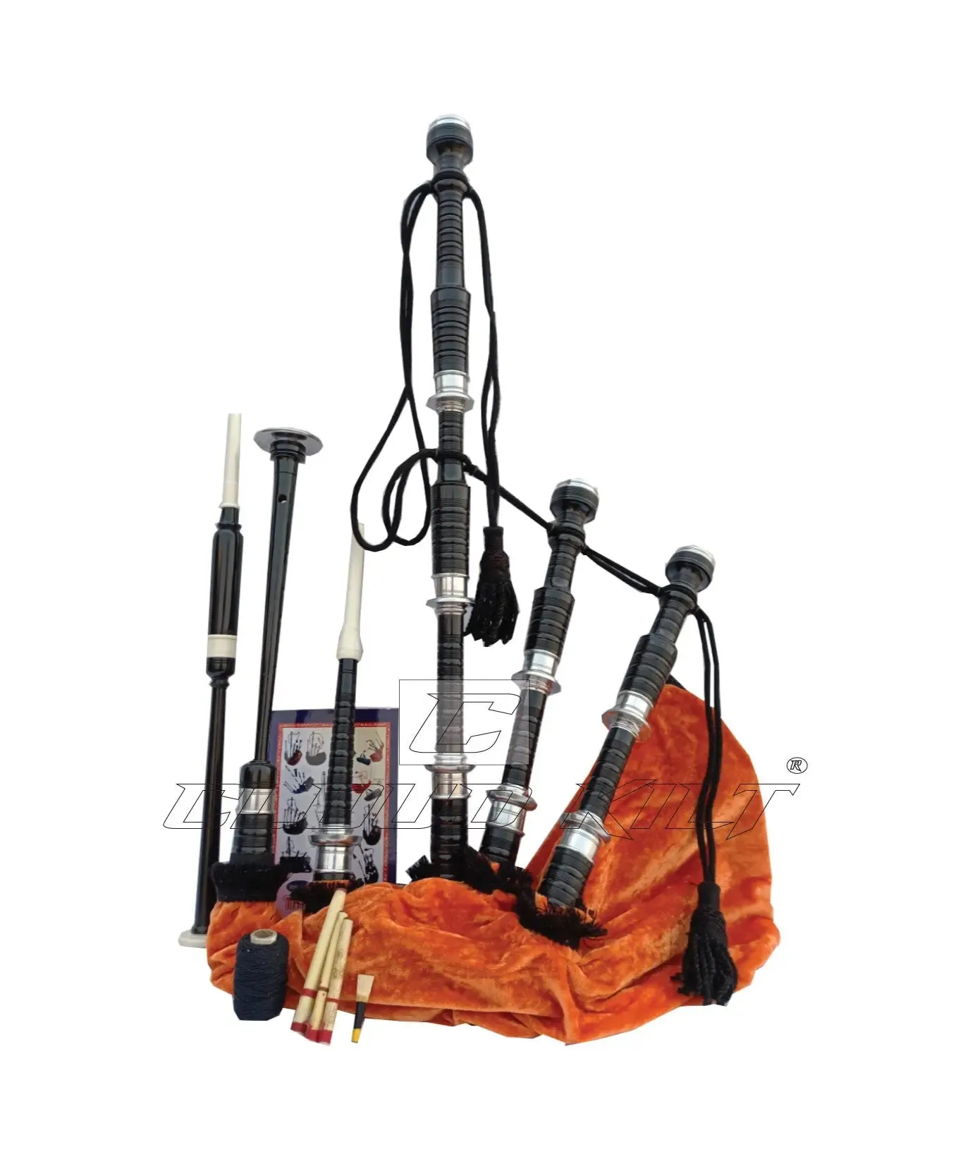 Orange Velvet Bagpipe Set Silver & Black Finish With Hard Case