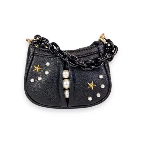 Pearl Studs Mini Leather Shoulder Bag in Black