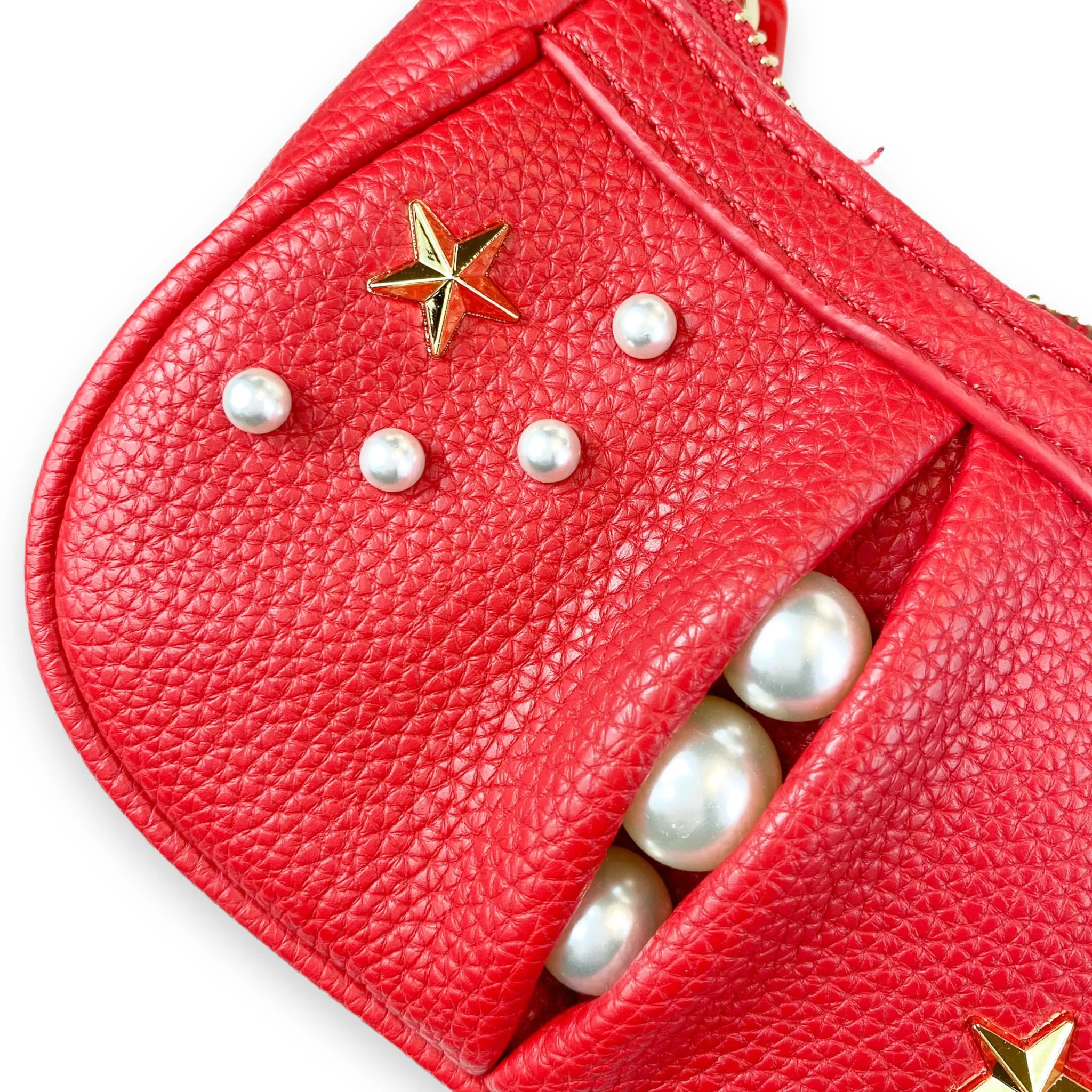 Pearl Studs Mini Leather Shoulder Bag in Red