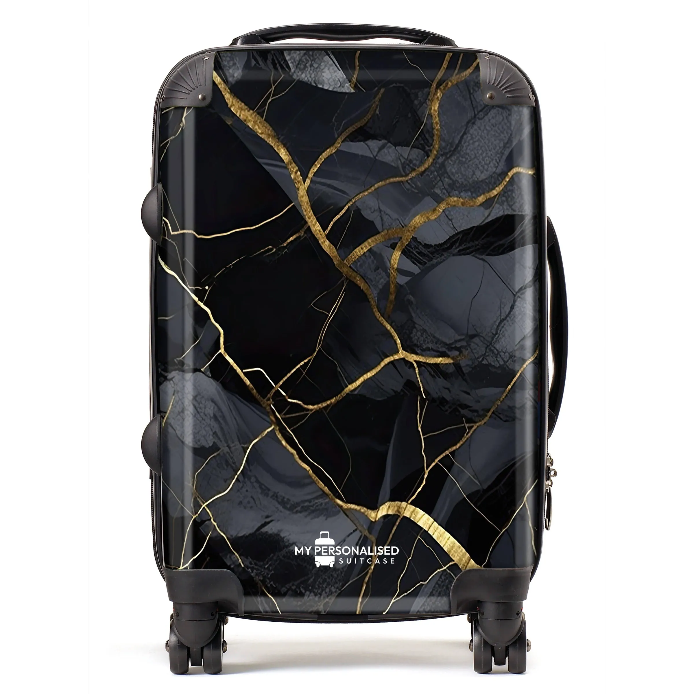 Personalised Black and Gold Cracked Marble Suitcase