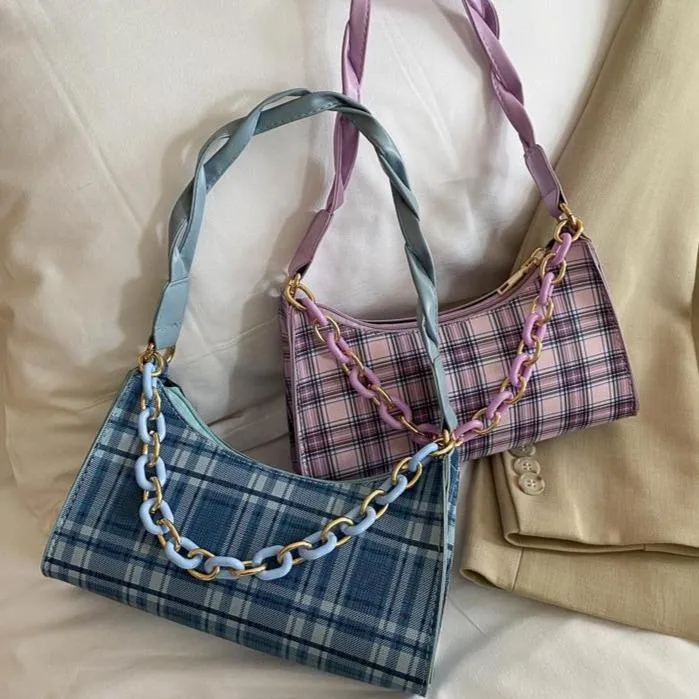 Plaid Tartan Shoulder Bag With Acrylic Chain