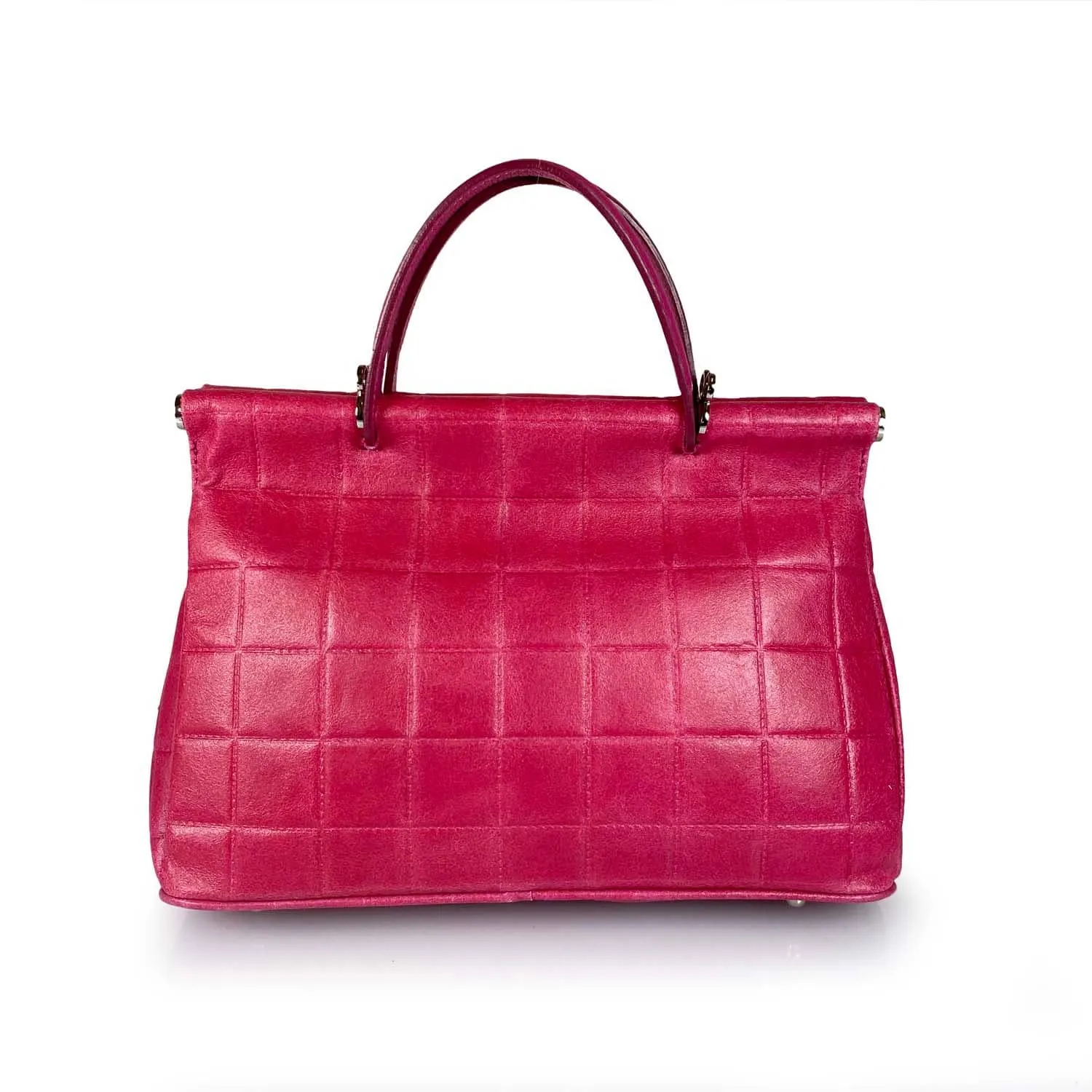 Quilted Pattern Fuscia Leather Medium Handbag Handmade In Italy