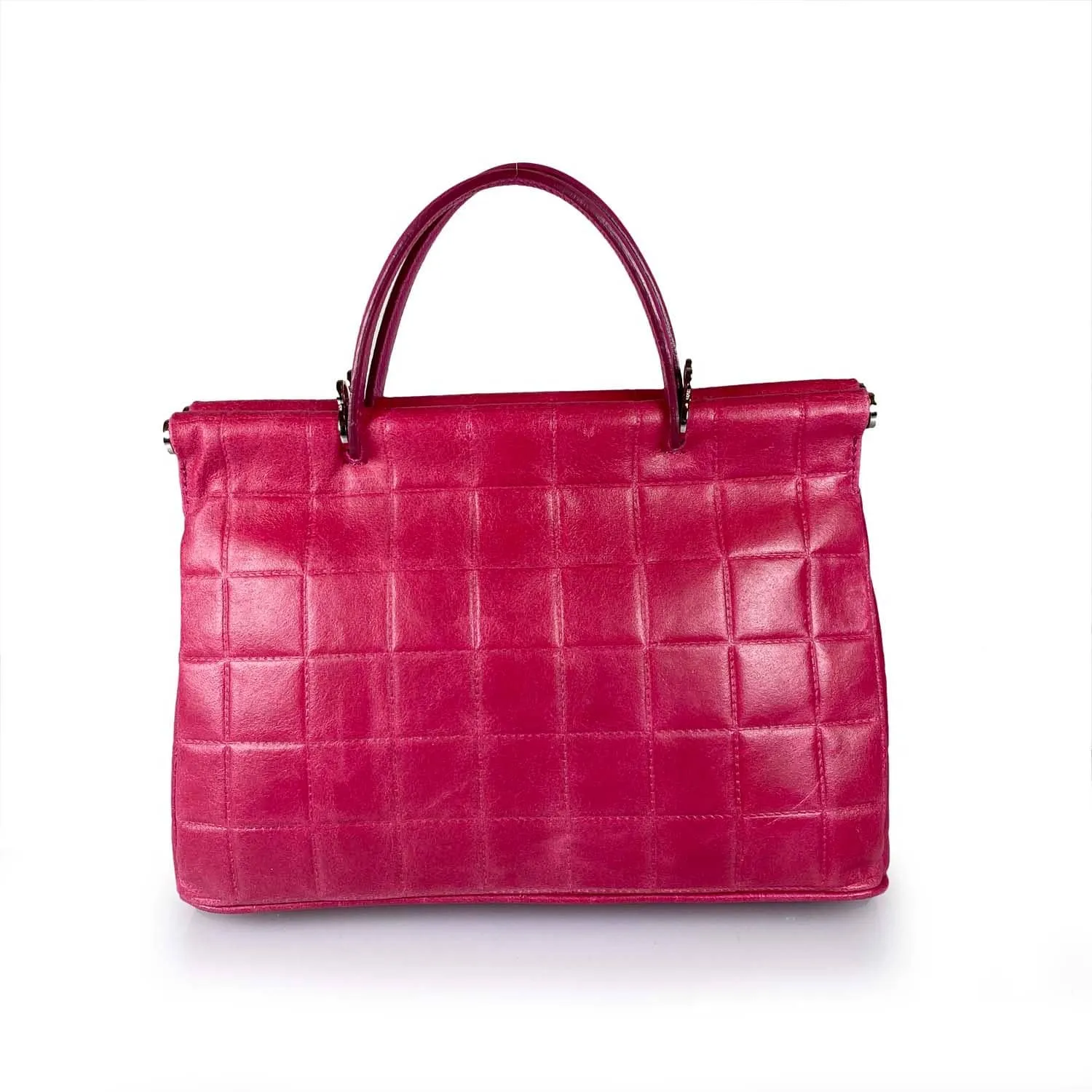 Quilted Pattern Fuscia Leather Medium Handbag Handmade In Italy