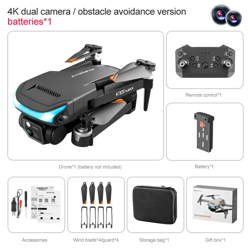 RC Drone K101MAX 4K HD Dual Camera Optical Flow Positioning ESC 3-Way Obstacle Avoidance Folding RC Quadcopter