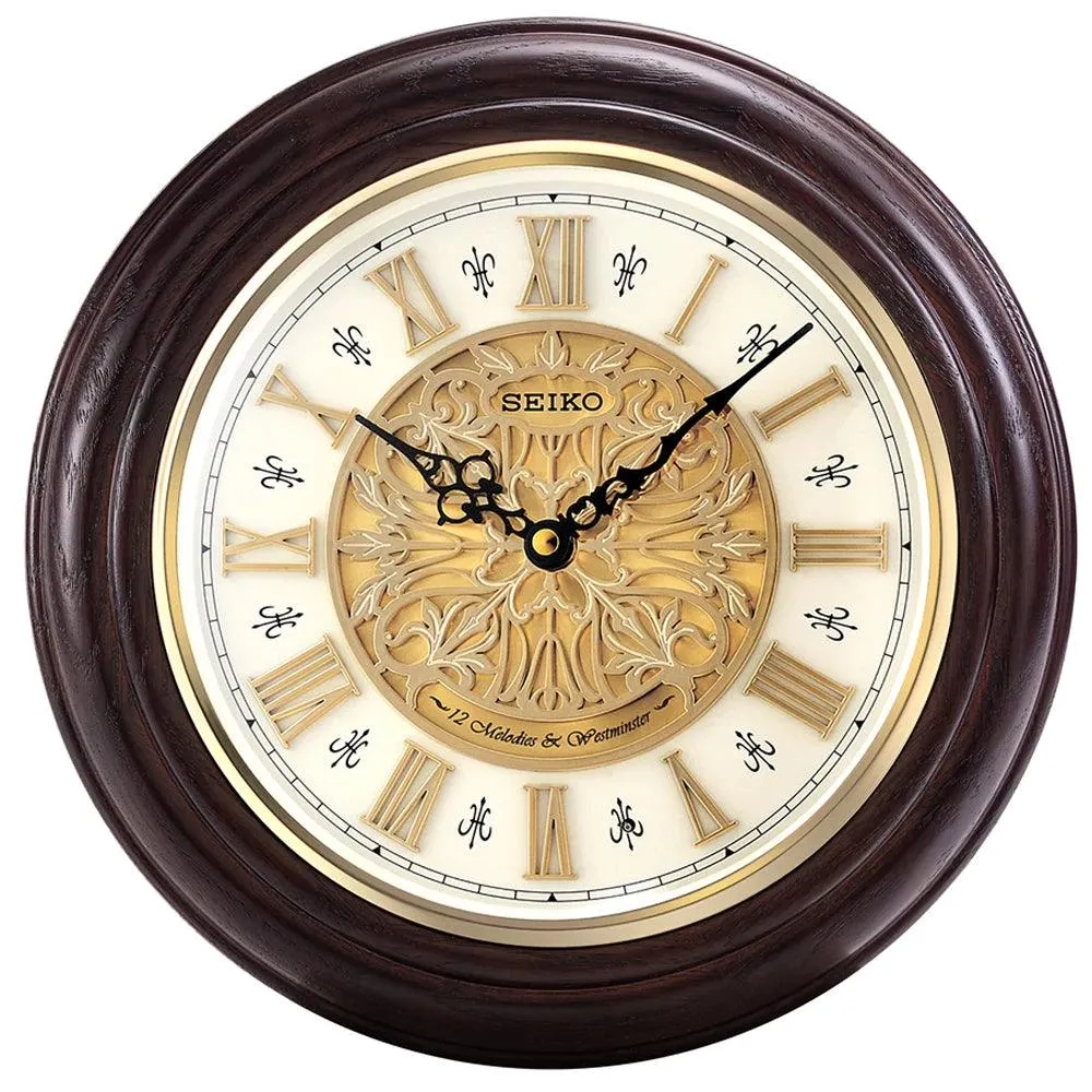 Seiko Oak Wood Ornamental Dial Musical Wall Clock QXM342B