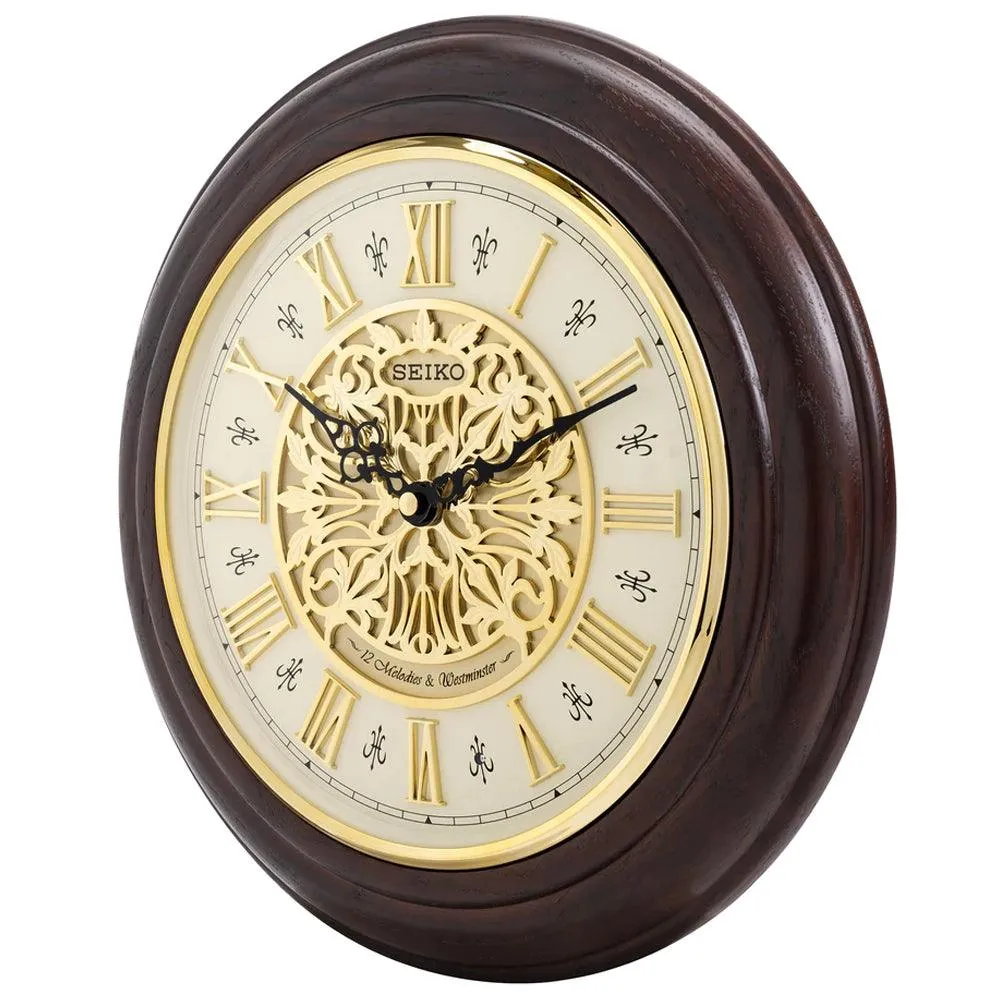 Seiko Oak Wood Ornamental Dial Musical Wall Clock QXM342B