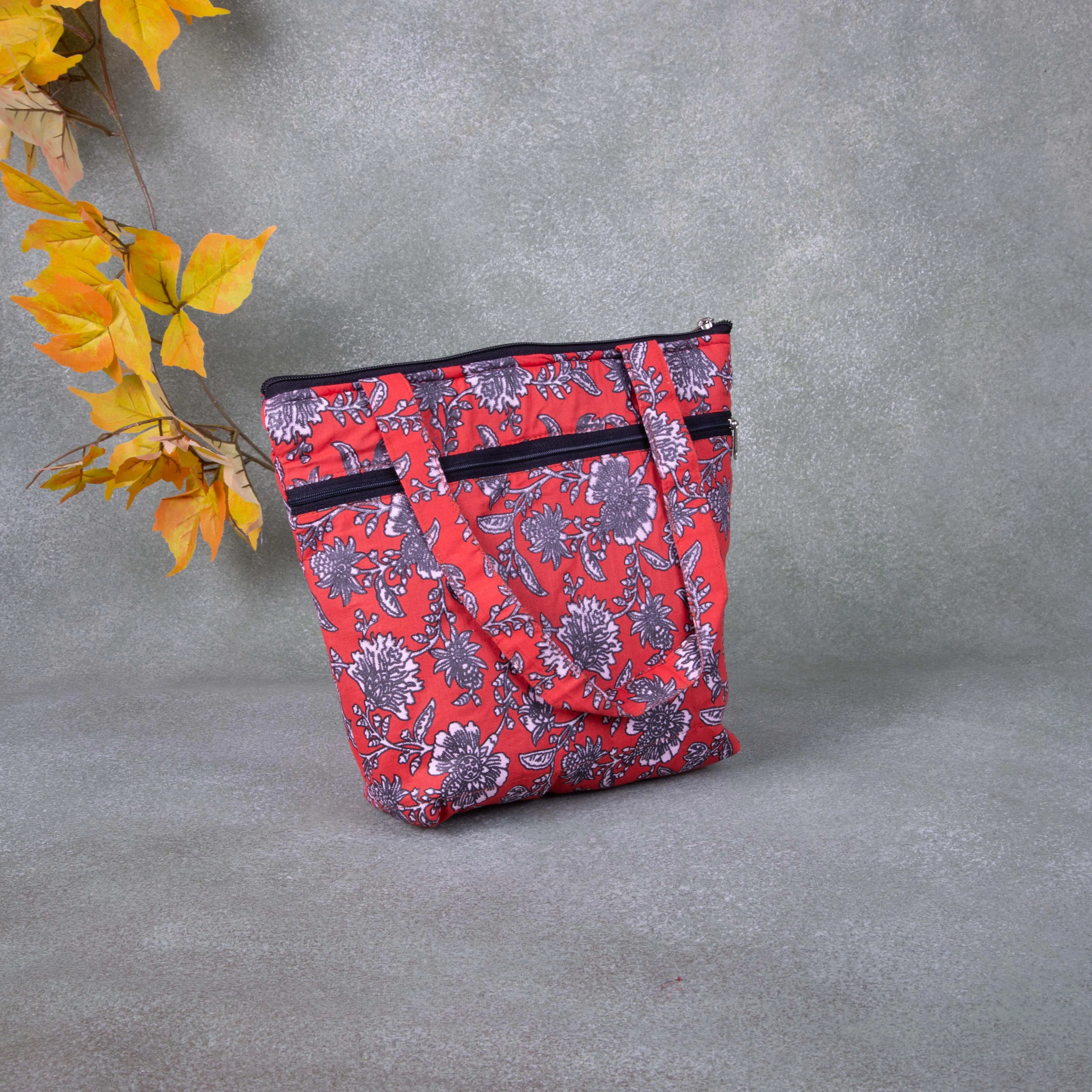 Small Handbag Red Colour with Grey Colour Flower Design.