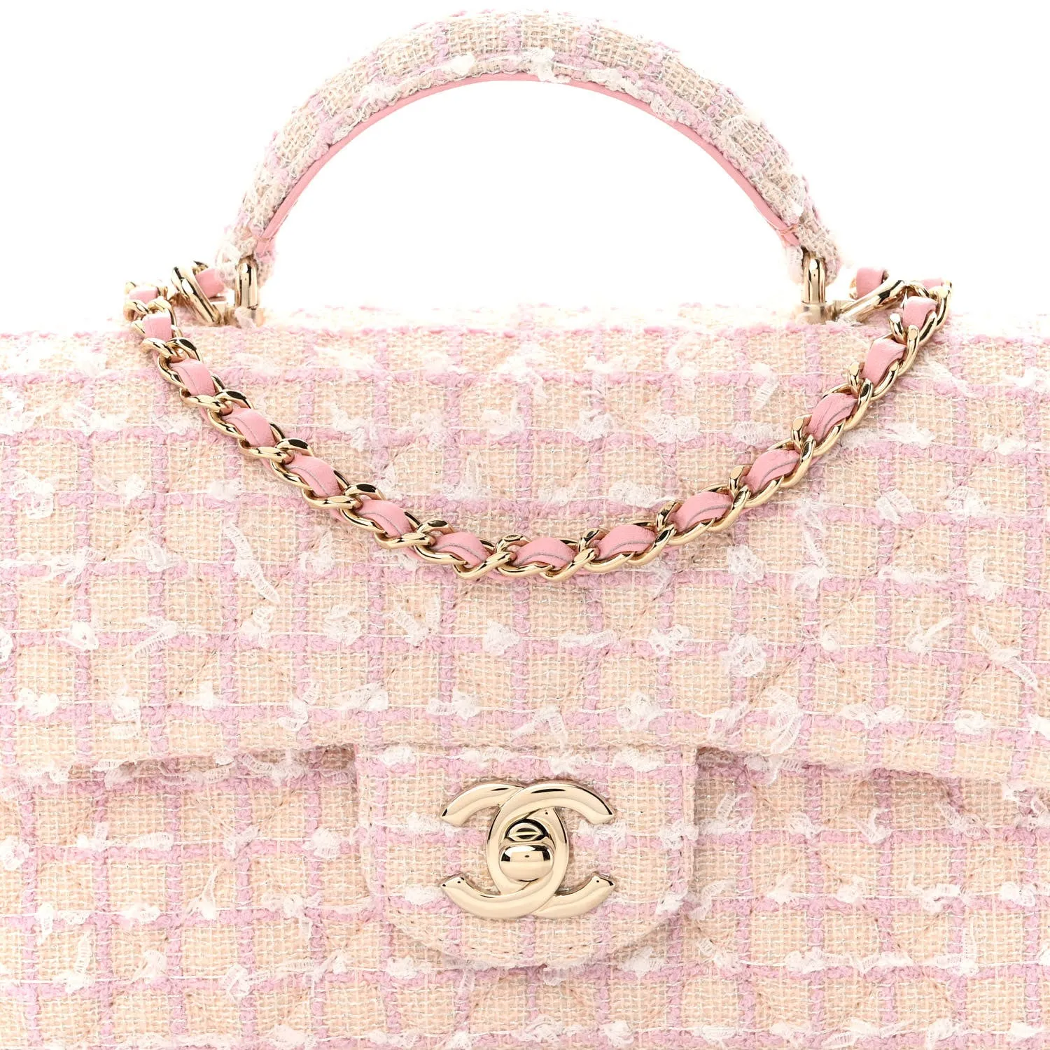 Tweed Quilted Mini Top Handle Rectangular Flap Light Pink