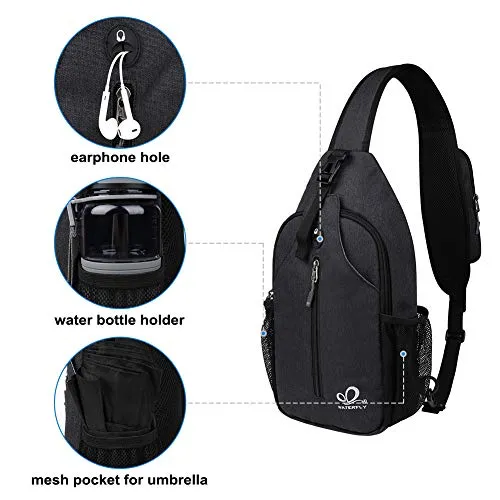 WATERFLY Sling Bag Sling Backpack Crossbody Bag Hiking Daypack for Men Women (Black Color)