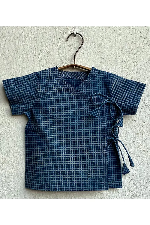 Whitewater Kids Unisex Organic Indigo Check Angrakha Top With Raidana Pants