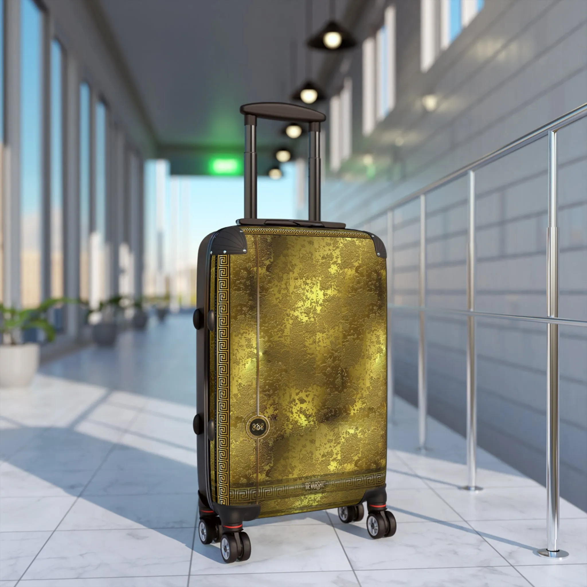 Yellow Gold Suitcase Carry-on Suitcase Gold Foil Print Luggage Greek Key Hard Shell Suitcase in 3 Sizes | X3349A