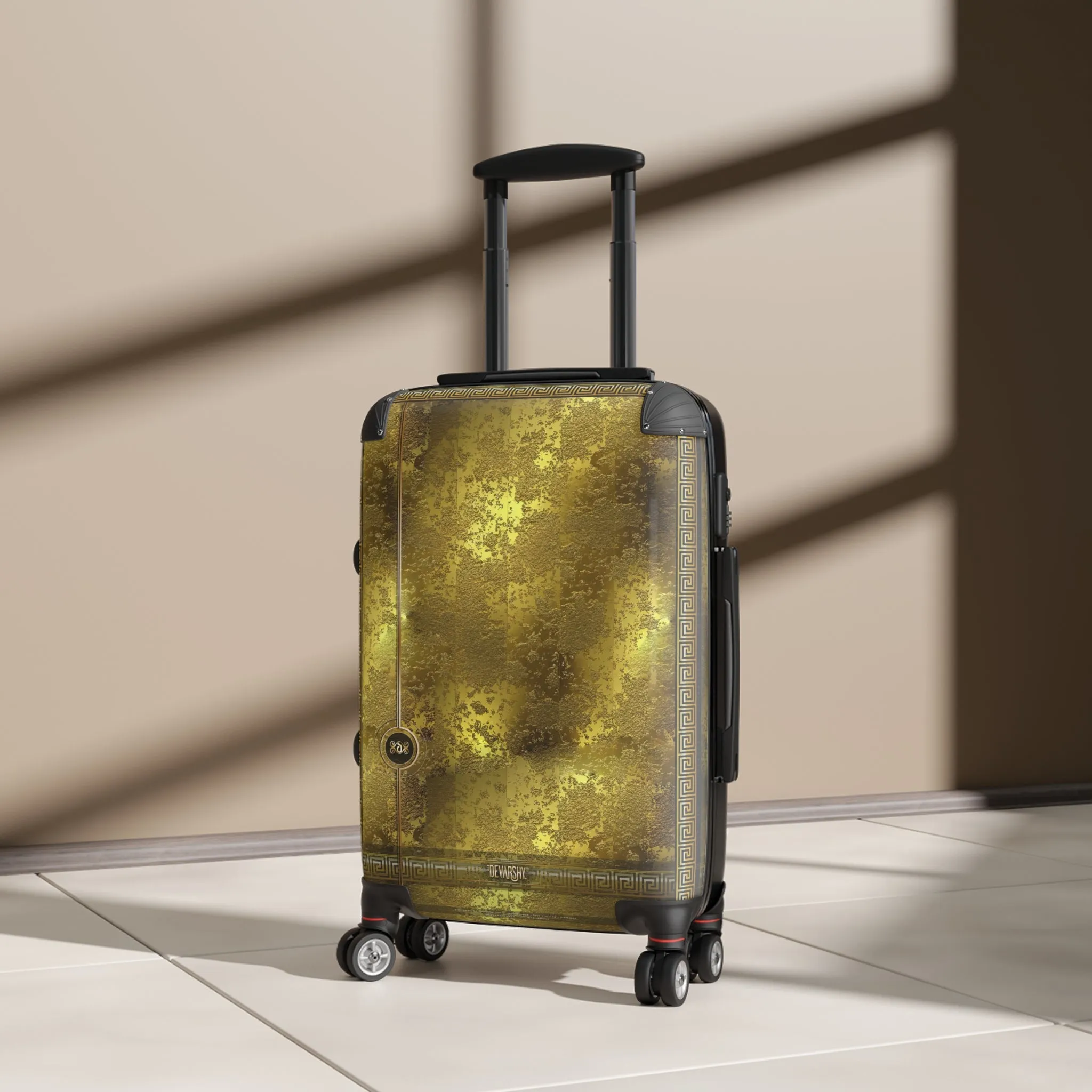 Yellow Gold Suitcase Carry-on Suitcase Gold Foil Print Luggage Greek Key Hard Shell Suitcase in 3 Sizes | X3349A