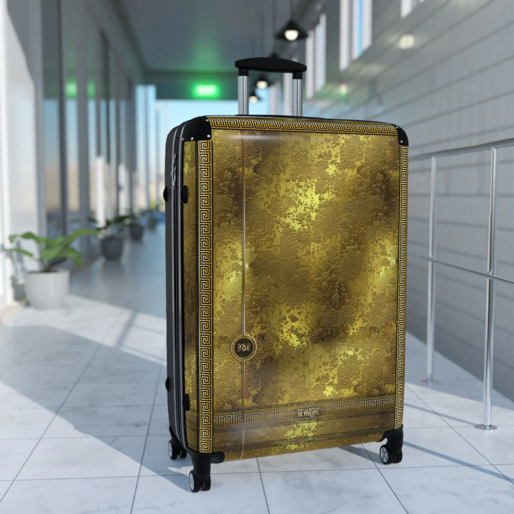 Yellow Gold Suitcase Carry-on Suitcase Gold Foil Print Luggage Greek Key Hard Shell Suitcase in 3 Sizes | X3349A