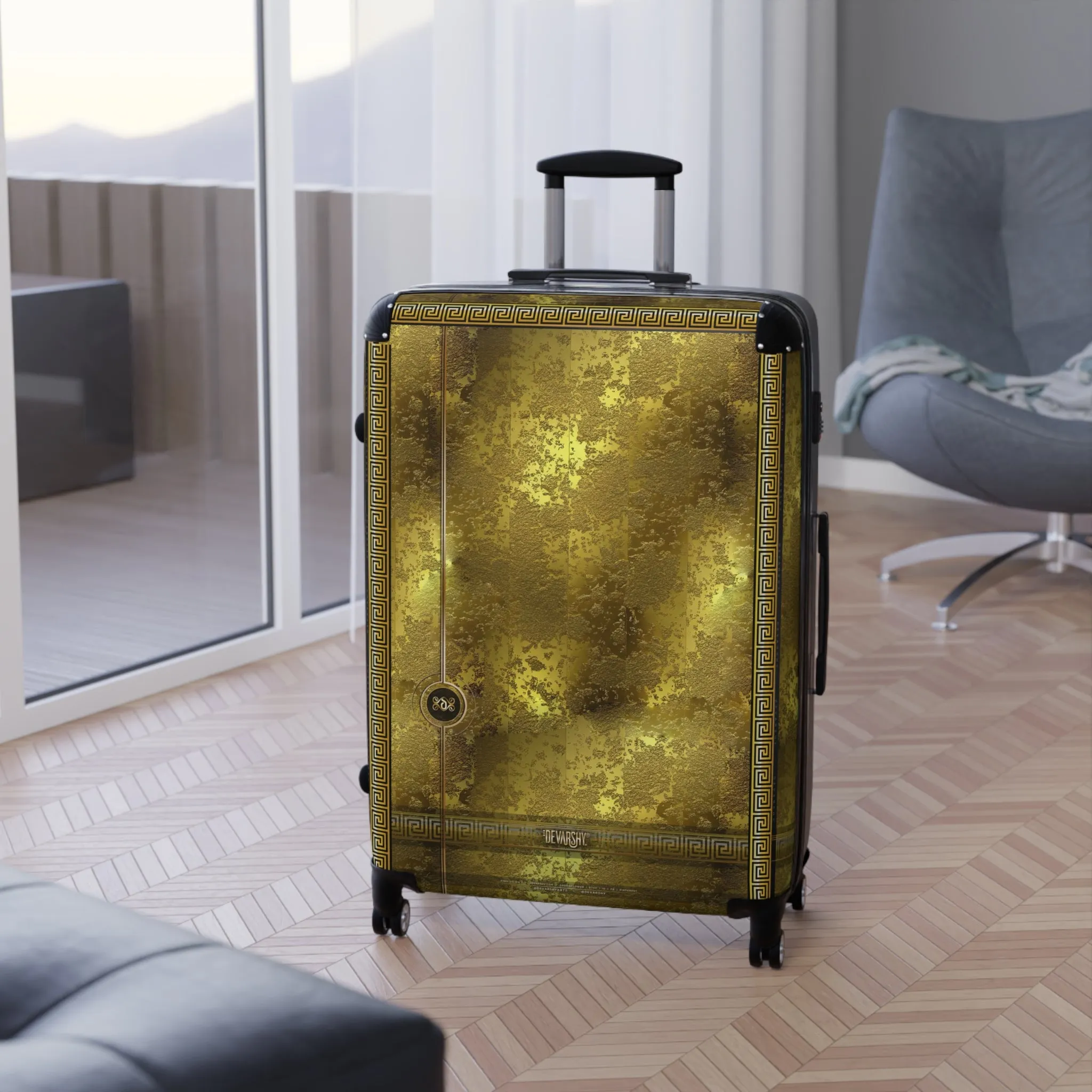 Yellow Gold Suitcase Carry-on Suitcase Gold Foil Print Luggage Greek Key Hard Shell Suitcase in 3 Sizes | X3349A