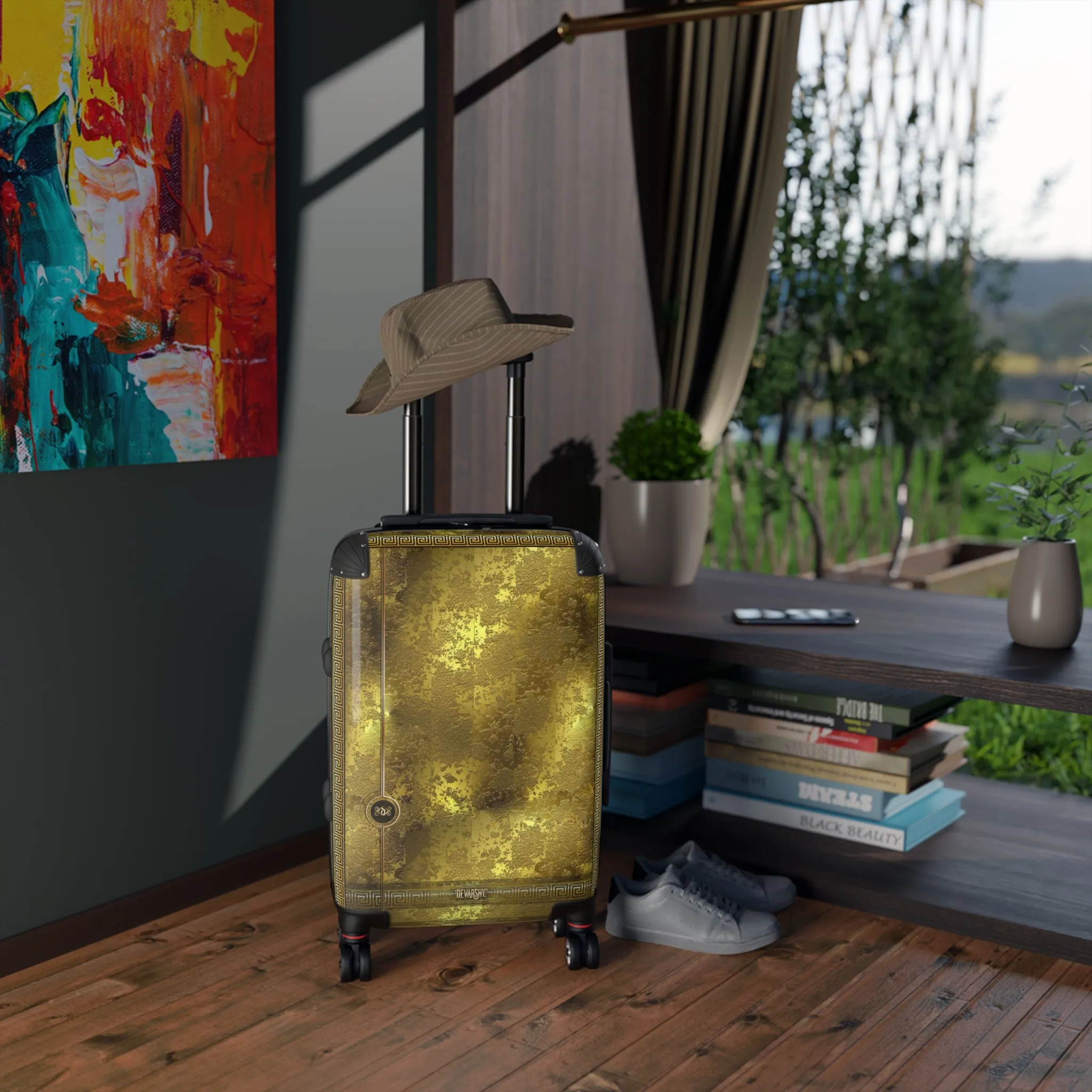 Yellow Gold Suitcase Carry-on Suitcase Gold Foil Print Luggage Greek Key Hard Shell Suitcase in 3 Sizes | X3349A