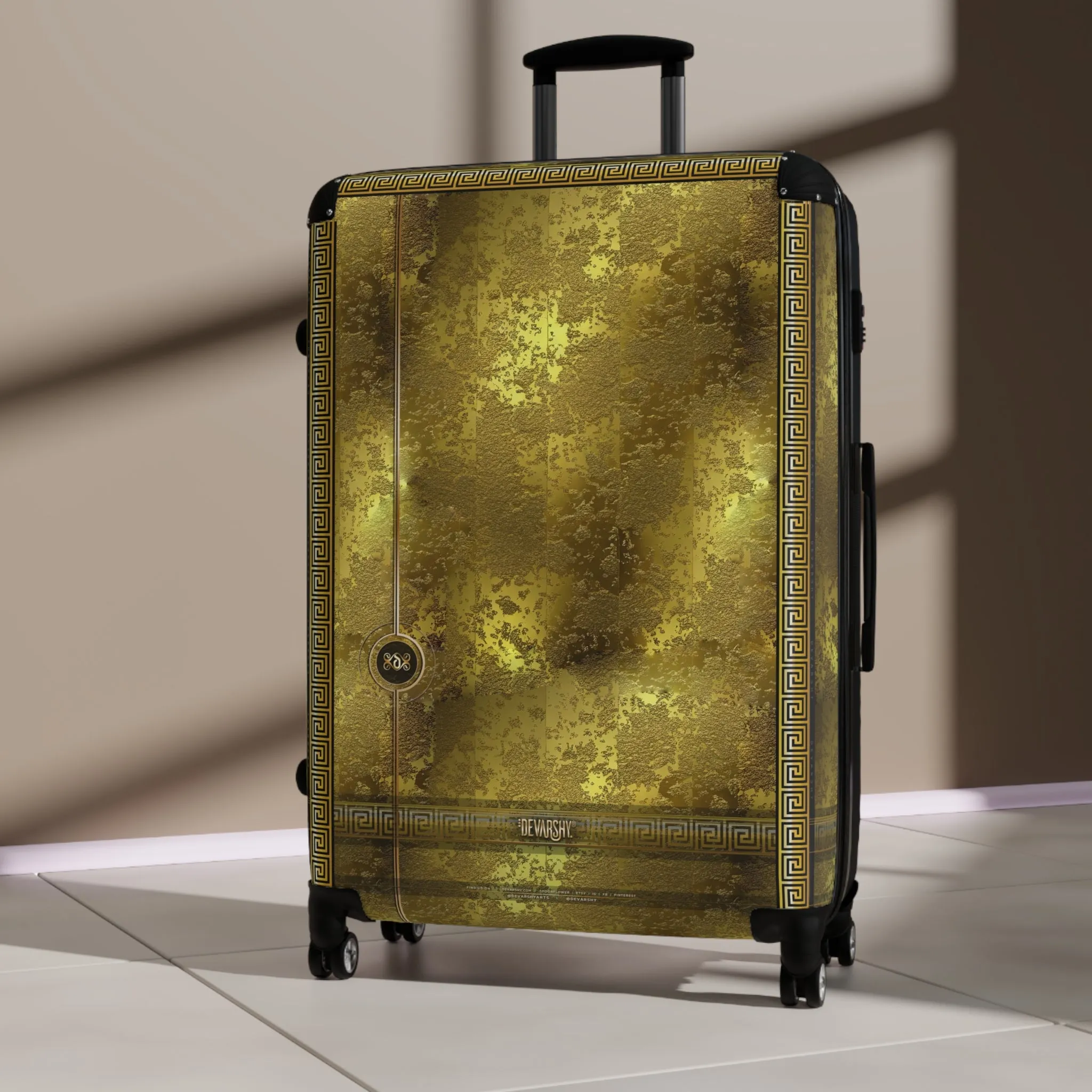 Yellow Gold Suitcase Carry-on Suitcase Gold Foil Print Luggage Greek Key Hard Shell Suitcase in 3 Sizes | X3349A