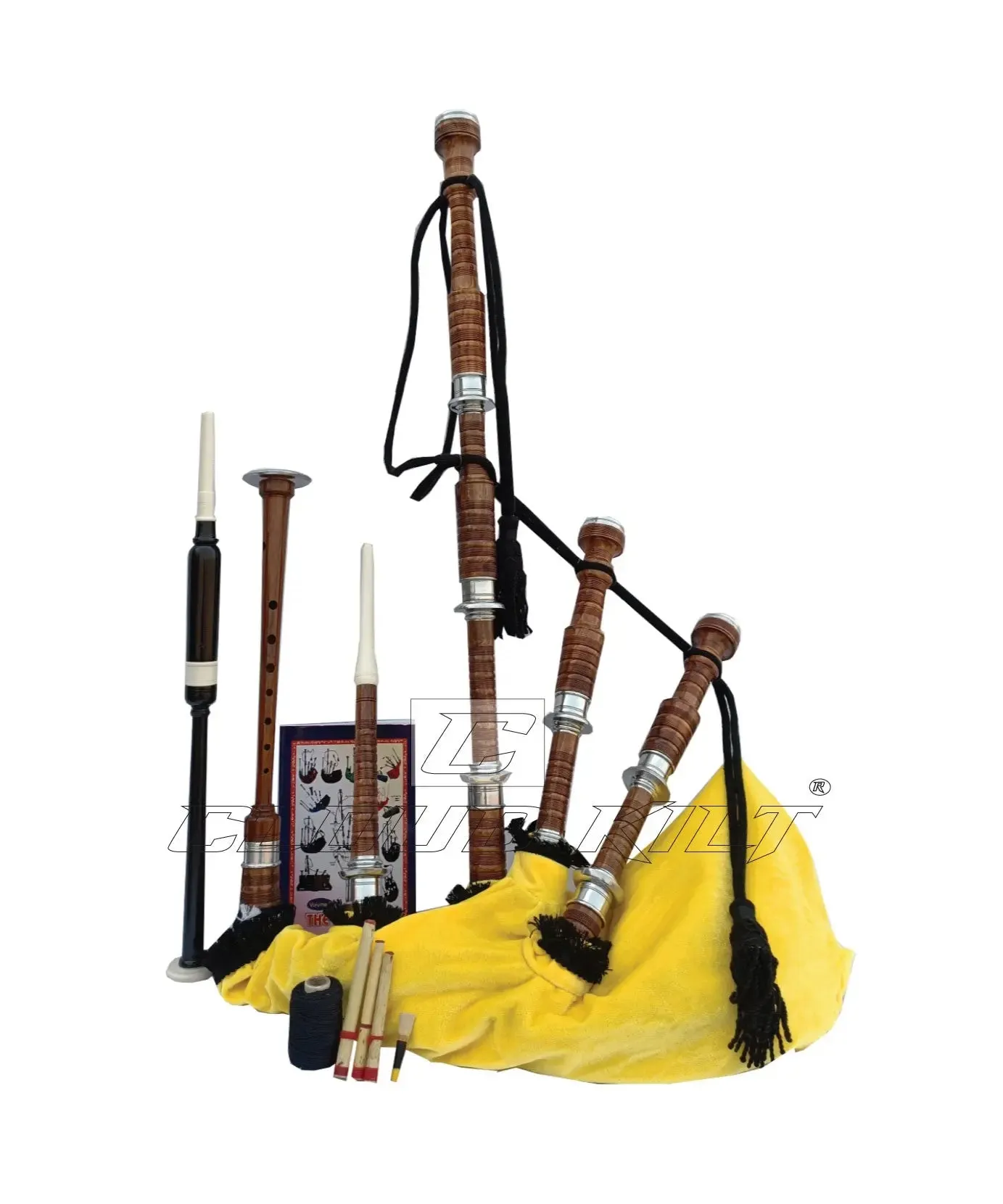 Yellow Velvet Bagpipe Set Brown & Silver Finish With Hard Case