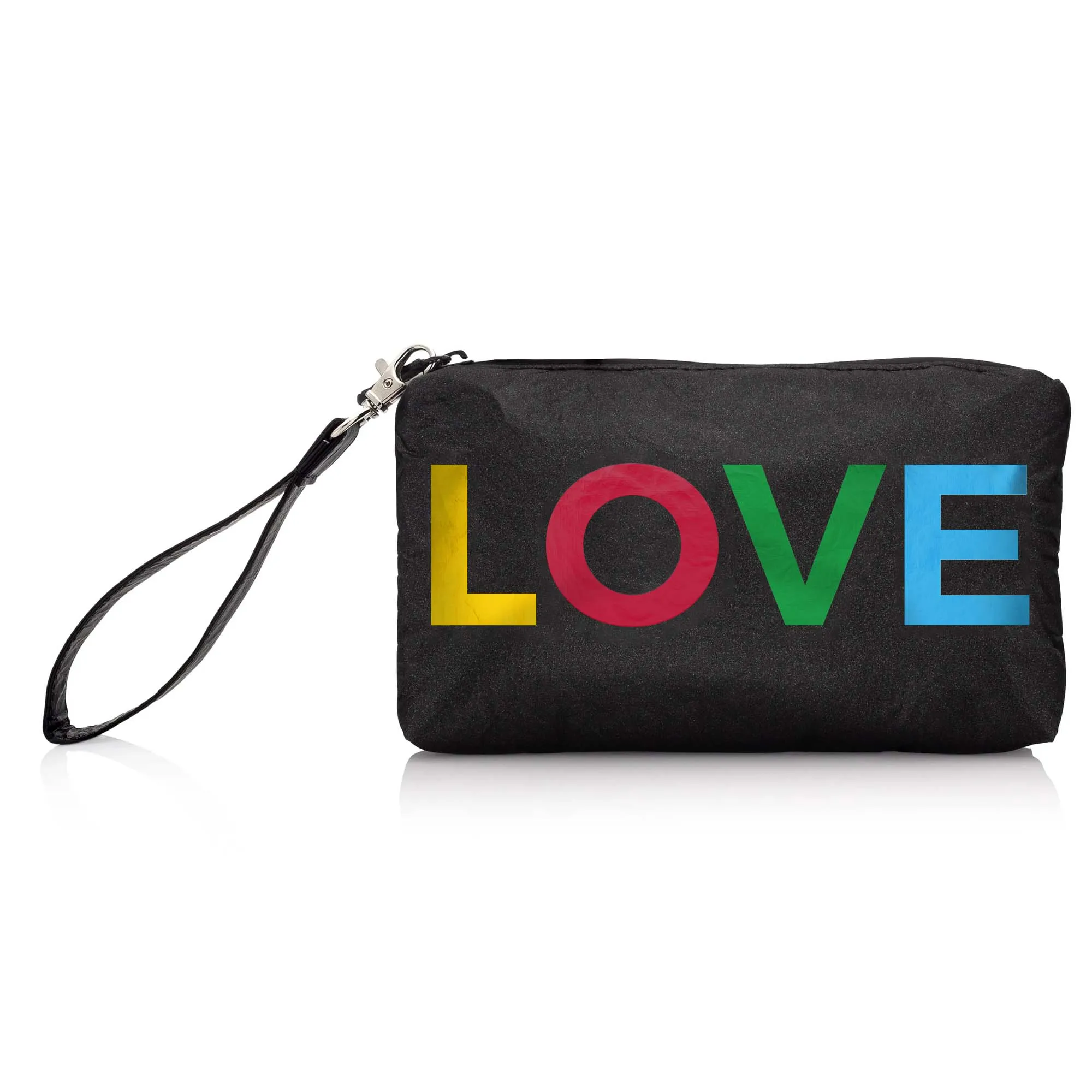 Zip Wristlet in Black with Rainbow "LOVE"